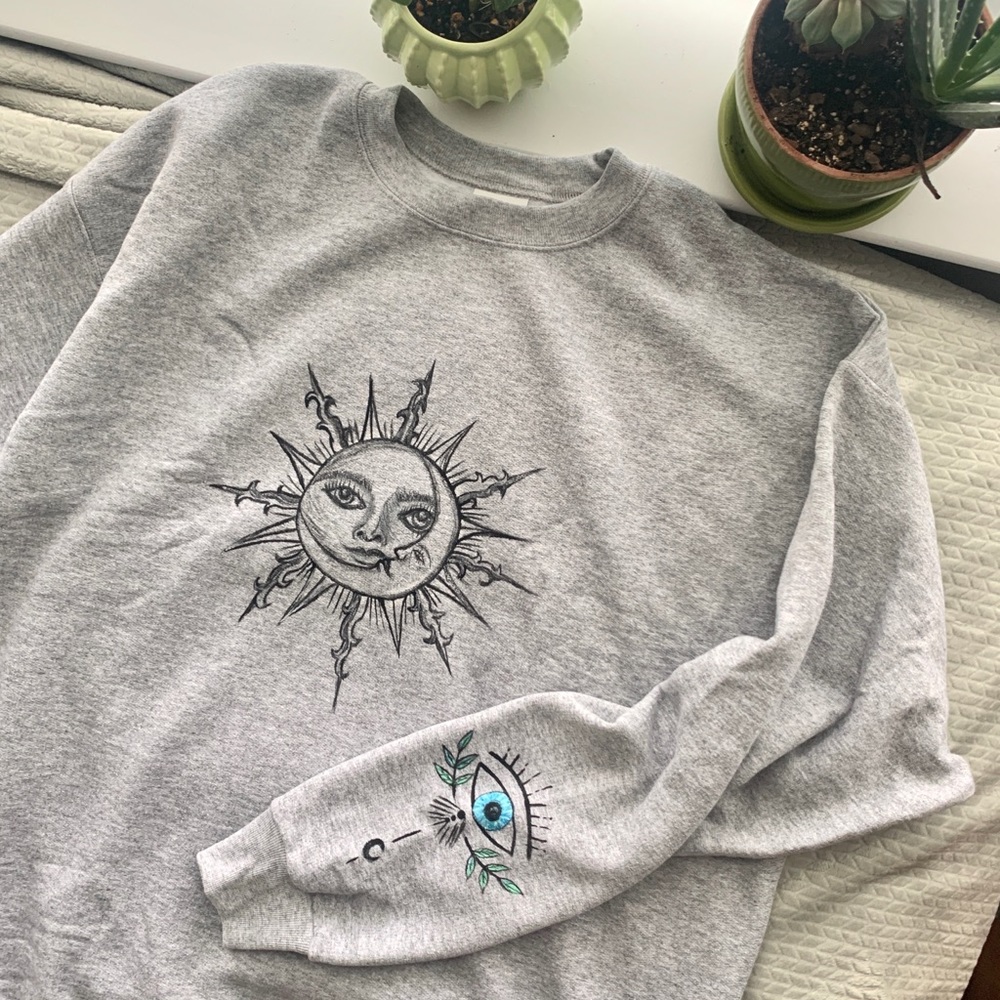 Handpainted sun and moon crewneck